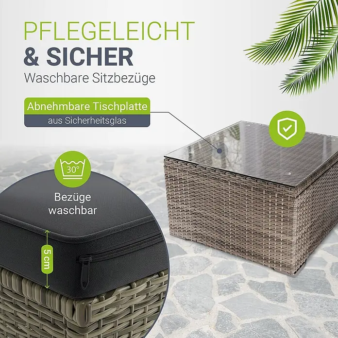 Juskys Loungemöbel-Set Punta Cana - 3 -tlg., Gestell: Stahl, pulverbeschichtet; Geflecht: Polyrattan; Sitz- und Rückenkissen: Polyester, Schaumstoff; Glasplatte: Sicherheitsglas, Farbe Geflecht: Beige-GrauFarbe der Bezüge: GrauAnzahl Sitzplätze: 3 - 4, Grau - Gartenmöbel im Rattan-Look mit Sicherheitsglasplatte und 5cm dickem, waschbarem Sitzkissen auf einer Terrasse.