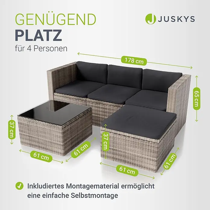 Juskys Loungemöbel-Set Punta Cana - 3 -tlg., Gestell: Stahl, pulverbeschichtet; Geflecht: Polyrattan; Sitz- und Rückenkissen: Polyester, Schaumstoff; Glasplatte: Sicherheitsglas, Farbe Geflecht: Beige-GrauFarbe der Bezüge: GrauAnzahl Sitzplätze: 3 - 4, Grau - Rattan-Lounge-Set für 4 Personen mit dunklen Kissen, Couchtisch und Hocker.
