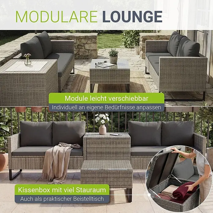 Juskys Loungemöbel-Set Santorini - 5 -tlg., Möbel: Stahl (pulverbeschichtet), Polyrattan, gehärtetes Glas; Polster/Kissen: 100 % Polyestergewebe; Abdeckung: 420D Oxford-Gewebe (100 g/m²), PU-Beschichtung, Grau - Modulares graues Polyrattan-Lounge-Set mit dunklen Kissen, verschiebbaren Elementen und einer Aufbewahrungsbox, die auch als Beistelltisch dient.