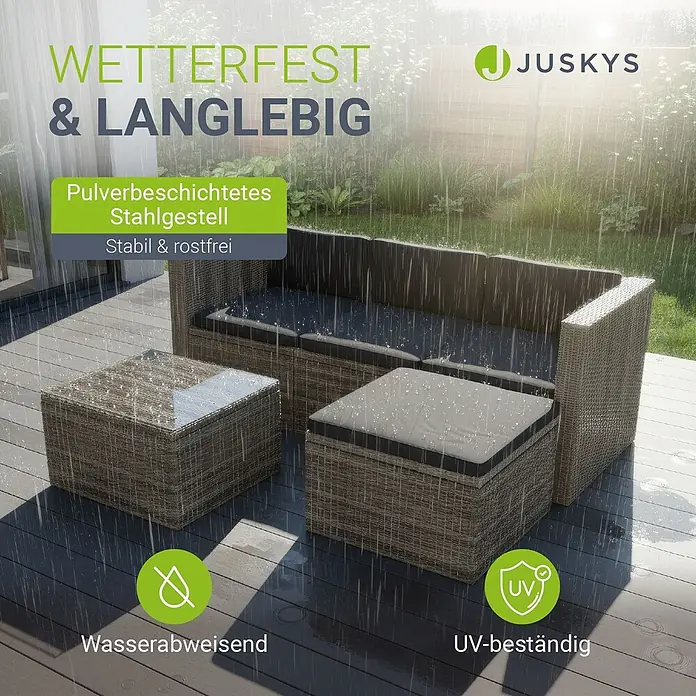 Juskys Loungemöbel-Set Punta Cana - 3 -tlg., Gestell: Stahl, pulverbeschichtet; Geflecht: Polyrattan; Sitz- und Rückenkissen: Polyester, Schaumstoff; Glasplatte: Sicherheitsglas, Farbe Geflecht: Beige-GrauFarbe der Bezüge: GrauAnzahl Sitzplätze: 3 - 4, Grau - Wetterfeste Lounge-Garnitur aus Geflechtmaterial mit dunklen Kissen, bestehend aus Sofa, Tisch und Hocker, bei Regen.