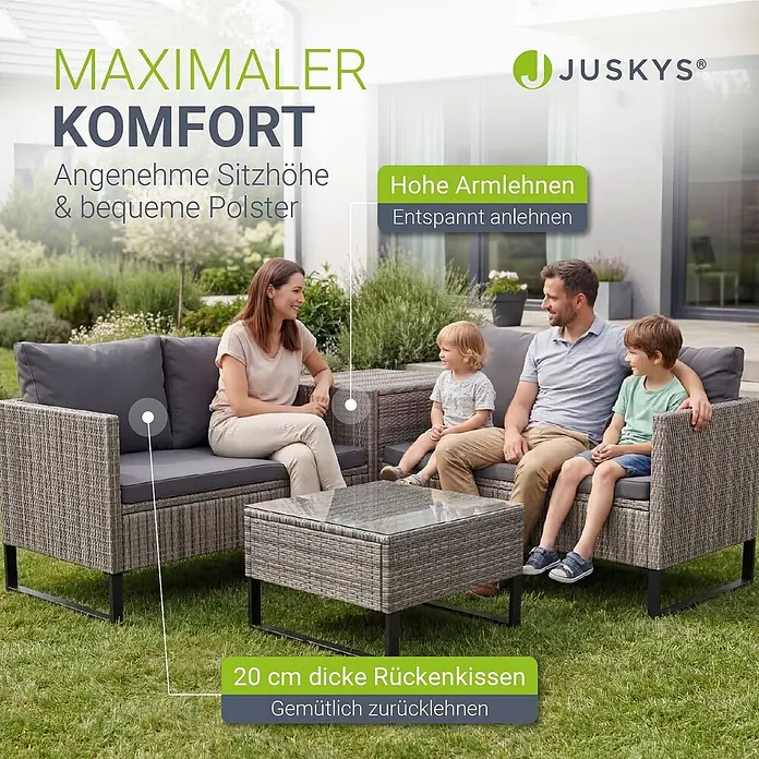 Juskys Loungemöbel-Set Santorini - 5 -tlg., Möbel: Stahl (pulverbeschichtet), Polyrattan, gehärtetes Glas; Polster/Kissen: 100 % Polyestergewebe; Abdeckung: 420D Oxford-Gewebe (100 g/m²), PU-Beschichtung, Grau - Graues Rattan-Lounge-Set für draußen mit dicken Polstern und Glastisch, von Familie genutzt.