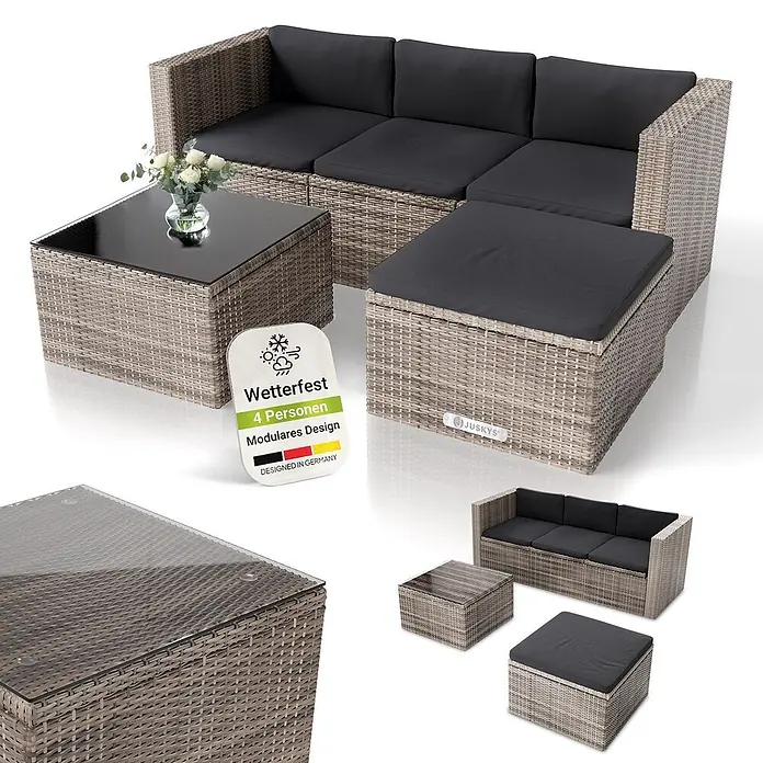 Juskys Loungemöbel-Set Punta Cana - 3 -tlg., Gestell: Stahl, pulverbeschichtet; Geflecht: Polyrattan; Sitz- und Rückenkissen: Polyester, Schaumstoff; Glasplatte: Sicherheitsglas, Farbe Geflecht: Beige-GrauFarbe der Bezüge: GrauAnzahl Sitzplätze: 3 - 4, Grau - Modulares graues Rattan-Lounge-Set für 4 Personen, mit schwarzen Kissen, Couchtisch und Hocker. Wetterfest.