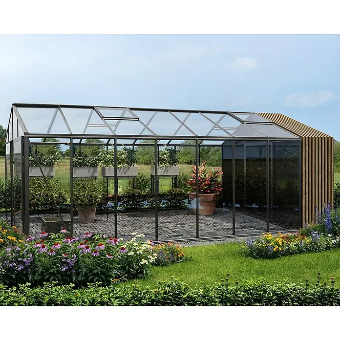 Bloomcabin Gewächshaus Aluminium Klassik mit Accoya-Fusion und kleinem integrierten Stauraum - Außenmaß inkl. Dachüberstand (B x T): 235 x 608 cm, Material Seitenwand: Glas, 4 mm, Schwarz - Modernes Gewächshaus mit schwarzem Metallrahmen, Glaspaneelen und einer Holzlamellenwand, bepflanzt in einem lebendigen Garten.