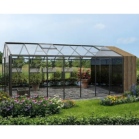 Bloomcabin  Gewächshaus Aluminium Klassik mit Accoya-Fusion und kleinem integrierten Stauraum