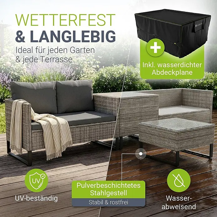 Juskys Loungemöbel-Set Santorini - 5 -tlg., Möbel: Stahl (pulverbeschichtet), Polyrattan, gehärtetes Glas; Polster/Kissen: 100 % Polyestergewebe; Abdeckung: 420D Oxford-Gewebe (100 g/m²), PU-Beschichtung, Grau - Graue Rattan-Gartenlounge mit Polstern und wasserdichter Abdeckplane. UV-beständig, wasserabweisend, robustes Stahlgestell.