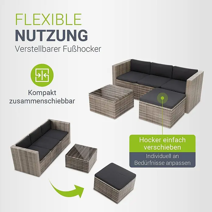 Juskys Loungemöbel-Set Punta Cana - 3 -tlg., Gestell: Stahl, pulverbeschichtet; Geflecht: Polyrattan; Sitz- und Rückenkissen: Polyester, Schaumstoff; Glasplatte: Sicherheitsglas, Farbe Geflecht: Beige-GrauFarbe der Bezüge: GrauAnzahl Sitzplätze: 3 - 4, Grau - Modulare Rattan-Gartenmöbel mit dunkelgrauen Kissen, zeigen verstellbaren Fußhocker und kompakte Anordnung.