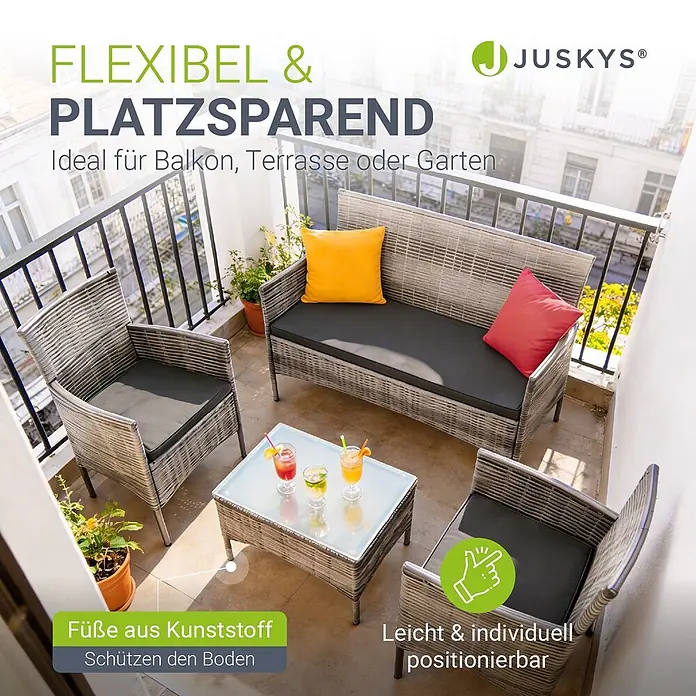 Juskys Loungemöbel-Set Fort Myers - 4 -tlg., Gestell: 100% Stahl, pulverbeschichtet; Geflecht: 100% Polyrattan, geflochten; Glasplatte: 100% Glas (Sicherheitsglas); Bezüge: 100% Polyester; Sitzauflagen: 100% Schaumstoff, Farbe Geflecht: Grau-meliertFarbe der Bezüge: DunkelgrauAnzahl Sitzplätze: Für 4 PersonenStil, Design: Modern, Rattan-Optik, Grau - Graue Rattan-Balkonmöbelgarnitur mit Sofa, zwei Stühlen und Glastisch, dunkle Kissen. Ideal für kleine Flächen.