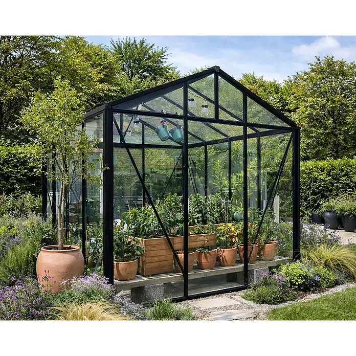 Bloomcabin Gewächshaus Aluminium Klassik - Außenmaß inkl. Dachüberstand (B x T): 235 x 309 cm, Material Seitenwand: Glas, 4 mm, Schwarz - Schwarz umrahmtes Glasgewächshaus voller Pflanzen in einem üppigen Garten.