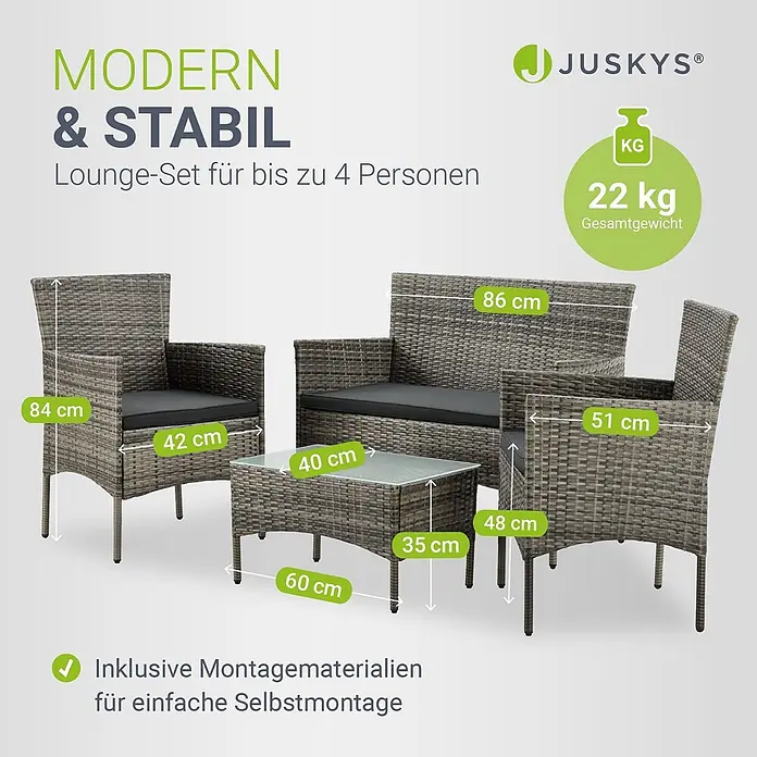 Juskys Loungemöbel-Set Fort Myers - 4 -tlg., Gestell: 100% Stahl, pulverbeschichtet; Geflecht: 100% Polyrattan, geflochten; Glasplatte: 100% Glas (Sicherheitsglas); Bezüge: 100% Polyester; Sitzauflagen: 100% Schaumstoff, Farbe Geflecht: Grau-meliertFarbe der Bezüge: DunkelgrauAnzahl Sitzplätze: Für 4 PersonenStil, Design: Modern, Rattan-Optik, Grau - Graues Polyrattan Lounge-Set für bis zu 4 Personen, bestehend aus 2-Sitzer Sofa, zwei Sesseln und einem Couchtisch mit dunklen Kissen.