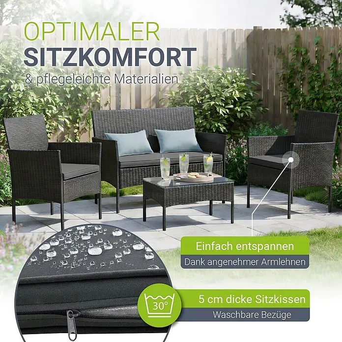 Juskys Loungemöbel-Set Fort Myers - 4 -tlg., Gestell: 100% Stahl, pulverbeschichtet; Geflecht: 100% Polyrattan, geflochten; Glasplatte: 100% Glas (Sicherheitsglas); Bezüge: 100% Polyester; Sitzauflagen: 100% Schaumstoff, Farbe Geflecht: SchwarzFarbe der Bezüge: Dunkelgrau, AnthrazitAnzahl Sitzplätze: Für 4 PersonenStil, Design: Modern, Rattan-Optik, Schwarz - Dunkelgraues Rattan-Gartenmöbel-Set mit Sofa, 2 Stühlen und Tisch. Mit dicken, waschbaren, wasserabweisenden Kissen für optimalen Komfort.