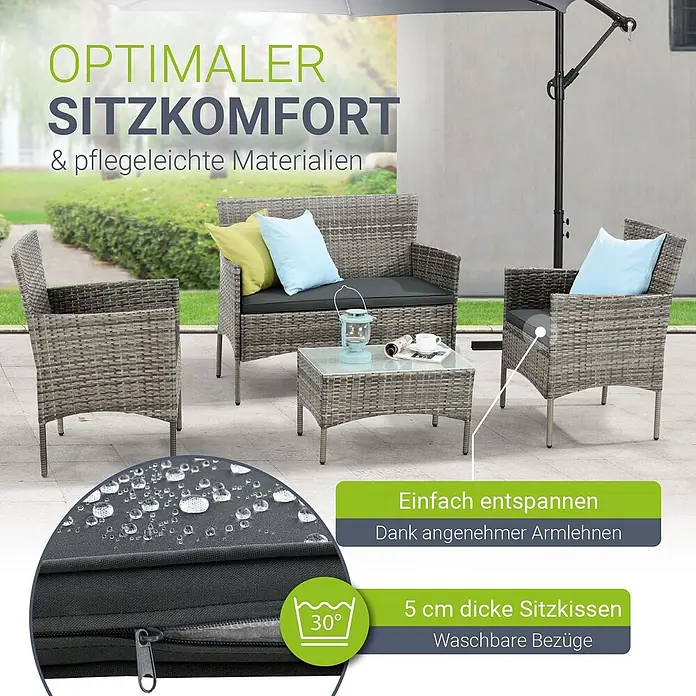 Juskys Loungemöbel-Set Fort Myers - 4 -tlg., Gestell: 100% Stahl, pulverbeschichtet; Geflecht: 100% Polyrattan, geflochten; Glasplatte: 100% Glas (Sicherheitsglas); Bezüge: 100% Polyester; Sitzauflagen: 100% Schaumstoff, Farbe Geflecht: Grau-meliertFarbe der Bezüge: DunkelgrauAnzahl Sitzplätze: Für 4 PersonenStil, Design: Modern, Rattan-Optik, Grau - Graues Polyrattan-Gartenmöbelset mit dunklen Kissen und Zierkissen für optimalen Komfort und einfache Pflege im Freien.