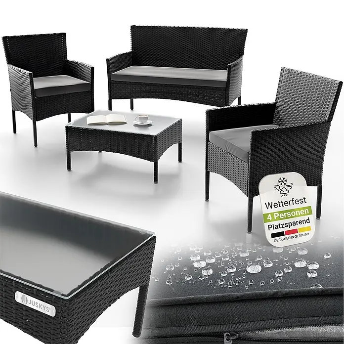 Juskys Loungemöbel-Set Fort Myers - 4 -tlg., Gestell: 100% Stahl, pulverbeschichtet; Geflecht: 100% Polyrattan, geflochten; Glasplatte: 100% Glas (Sicherheitsglas); Bezüge: 100% Polyester; Sitzauflagen: 100% Schaumstoff, Farbe Geflecht: SchwarzFarbe der Bezüge: Dunkelgrau, AnthrazitAnzahl Sitzplätze: Für 4 PersonenStil, Design: Modern, Rattan-Optik, Schwarz - Schwarz Polyrattan Gartenmöbel-Set: 2 Sessel, 1 Sofa mit grauen Kissen, Glas-Couchtisch. Wetterfest für 4 Personen.