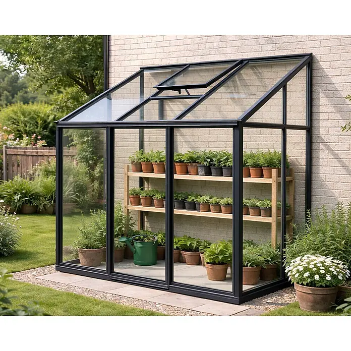 Bloomcabin Gewächshaus Aluminium Wandgewächshaus - Außenmaß inkl. Dachüberstand (B x T): 235 x 160 cm, Höhe: 251 cm, Material Seitenwand: Glas, 4 mm, Schwarz - Schwarz gerahmtes Anlehn-Gewächshaus mit Glaspaneelen, an Ziegelwand, gefüllt mit Topfpflanzen.
