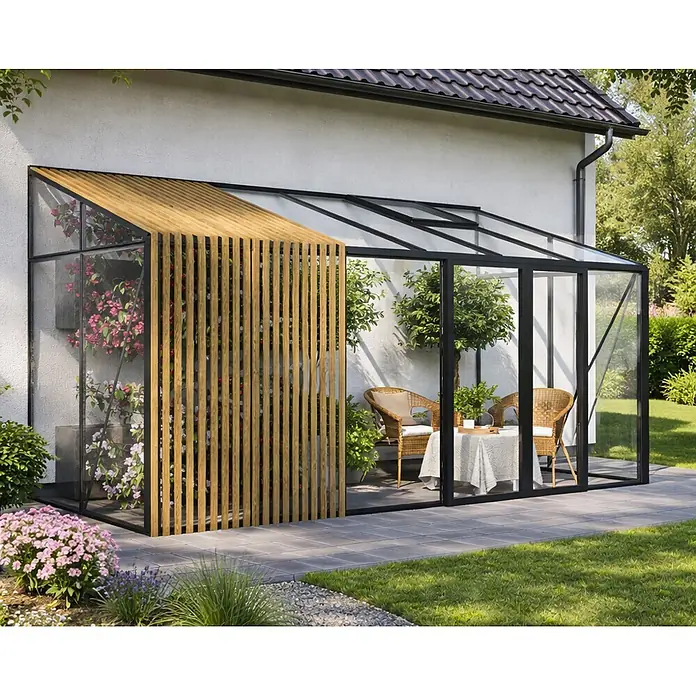 Bloomcabin Gewächshaus Aluminium Wandgewächshaus mit Accoya-Fusion - Außenmaß inkl. Dachüberstand (B x T): 459 x 160 cm, Höhe: 251 cm, Material Seitenwand: Glas, 4 mm, Schwarz - Schwarzgerahmtes Anlehngewächshaus mit Glas und Holzlamellenwand, an ein Haus im Garten angebaut.