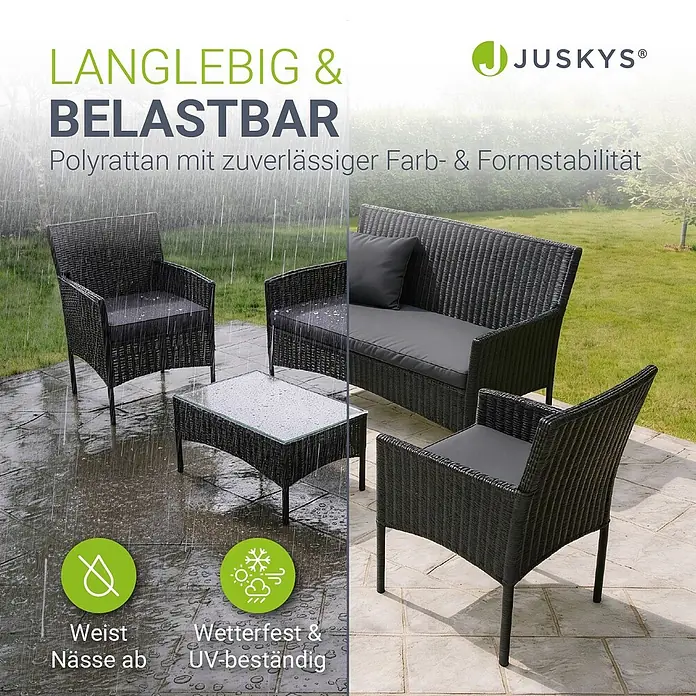 Juskys Loungemöbel-Set Fort Myers - 4 -tlg., Gestell: 100% Stahl, pulverbeschichtet; Geflecht: 100% Polyrattan, geflochten; Glasplatte: 100% Glas (Sicherheitsglas); Bezüge: 100% Polyester; Sitzauflagen: 100% Schaumstoff, Farbe Geflecht: SchwarzFarbe der Bezüge: Dunkelgrau, AnthrazitAnzahl Sitzplätze: Für 4 PersonenStil, Design: Modern, Rattan-Optik, Schwarz - Dunkelgraues Polyrattan-Gartenmöbelset mit Kissen, regen- & sonnenbeständig. Langlebig, wetter- & UV-beständig.
