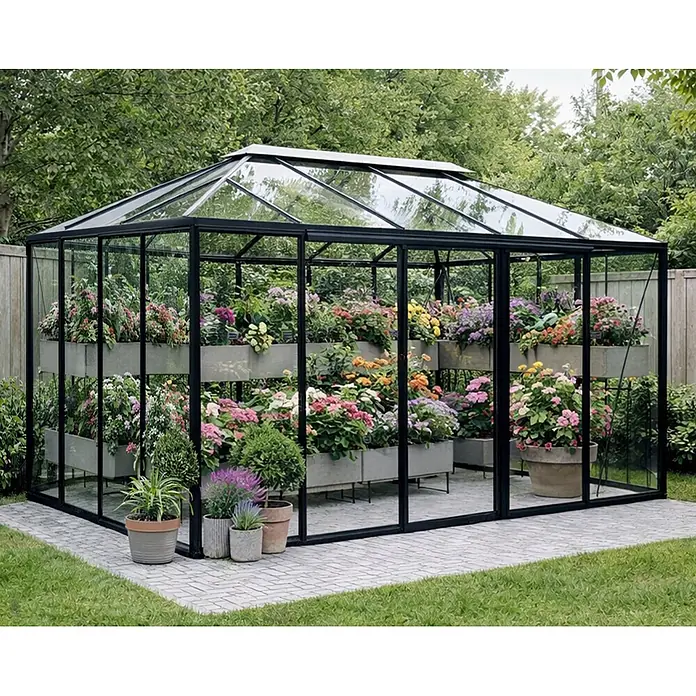 Bloomcabin Gewächshaus Aluminium Pyramide - Außenmaß inkl. Dachüberstand (B x T): 309 x 384 cm, Material Seitenwand: Glas, 4 mm, Schwarz - Ein schwarz gerahmtes Gewächshaus aus Glas, gefüllt mit bunten Topfpflanzen, auf einer Terrasse.