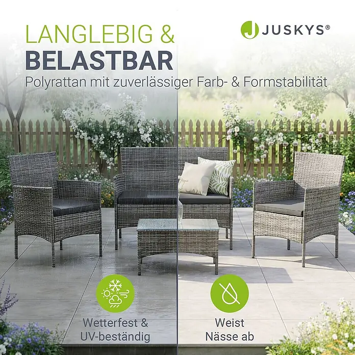 Juskys Loungemöbel-Set Fort Myers - 4 -tlg., Gestell: 100% Stahl, pulverbeschichtet; Geflecht: 100% Polyrattan, geflochten; Glasplatte: 100% Glas (Sicherheitsglas); Bezüge: 100% Polyester; Sitzauflagen: 100% Schaumstoff, Farbe Geflecht: Grau-meliertFarbe der Bezüge: DunkelgrauAnzahl Sitzplätze: Für 4 PersonenStil, Design: Modern, Rattan-Optik, Grau - Graue Polyrattan-Gartenmöbelgarnitur mit zwei Sesseln, einer Zweisitzerbank und einem Glastisch, wetter- und UV-beständig.