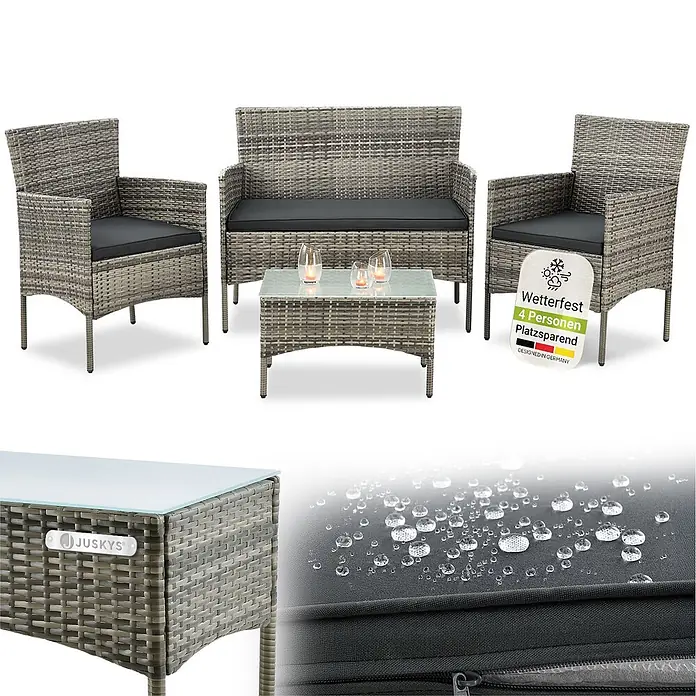 Juskys Loungemöbel-Set Fort Myers - 4 -tlg., Gestell: 100% Stahl, pulverbeschichtet; Geflecht: 100% Polyrattan, geflochten; Glasplatte: 100% Glas (Sicherheitsglas); Bezüge: 100% Polyester; Sitzauflagen: 100% Schaumstoff, Farbe Geflecht: Grau-meliertFarbe der Bezüge: DunkelgrauAnzahl Sitzplätze: Für 4 PersonenStil, Design: Modern, Rattan-Optik, Grau - Graues Rattan-Gartenmöbelset mit zwei Sesseln, Zweisitzer-Sofa und Couchtisch mit dunkelgrauen Polstern, für 4 Personen und wetterfest.