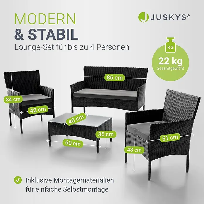 Juskys Loungemöbel-Set Fort Myers - 4 -tlg., Gestell: 100% Stahl, pulverbeschichtet; Geflecht: 100% Polyrattan, geflochten; Glasplatte: 100% Glas (Sicherheitsglas); Bezüge: 100% Polyester; Sitzauflagen: 100% Schaumstoff, Farbe Geflecht: SchwarzFarbe der Bezüge: Dunkelgrau, AnthrazitAnzahl Sitzplätze: Für 4 PersonenStil, Design: Modern, Rattan-Optik, Schwarz - Schwarzes Rattan-Lounge-Set mit grauen Kissen, bestehend aus einem 2-Sitzer-Sofa, 2 Sesseln und einem Couchtisch, für bis zu 4 Personen.