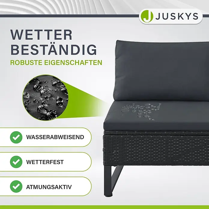 Juskys Loungemöbel-Set Santorini - 4 -tlg., Möbel: Stahl (pulverbeschichtet), Polyrattan, gehärtetes Glas; Polster/Kissen: 100 % Polyestergewebe, Farbe Möbel: SchwarzFarbe Polster/Kissen: GrauMax. Belastbarkeit je Bank: 320 kg, Schwarz - Dunkelgraues wetterbeständiges Outdoor-Sofaelement mit Rattan-Basis und wasserabweisenden Kissen.