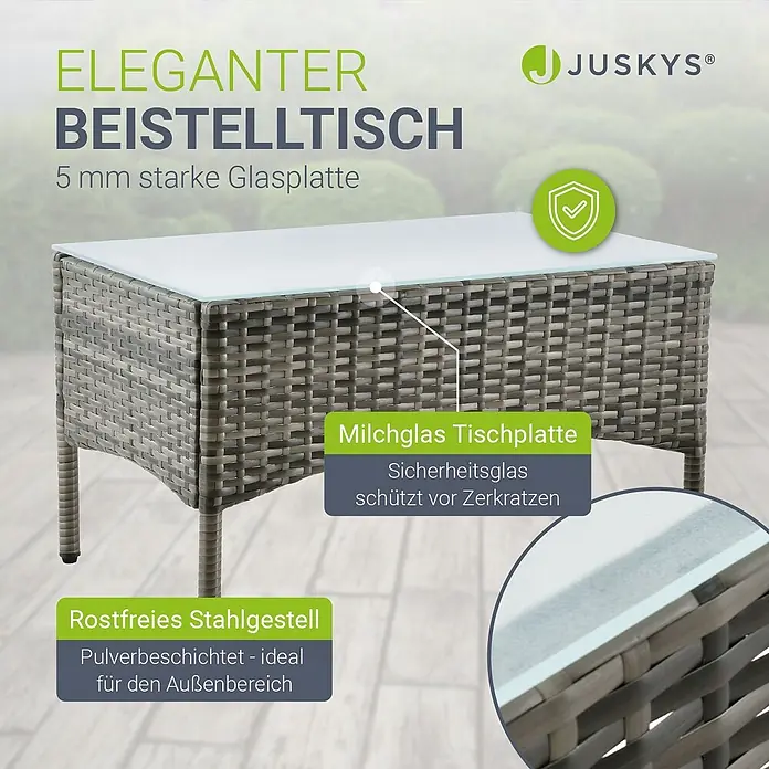 Juskys Loungemöbel-Set Fort Myers - 4 -tlg., Gestell: 100% Stahl, pulverbeschichtet; Geflecht: 100% Polyrattan, geflochten; Glasplatte: 100% Glas (Sicherheitsglas); Bezüge: 100% Polyester; Sitzauflagen: 100% Schaumstoff, Farbe Geflecht: Grau-meliertFarbe der Bezüge: DunkelgrauAnzahl Sitzplätze: Für 4 PersonenStil, Design: Modern, Rattan-Optik, Grau - Grauer Rattan-Beistelltisch mit Milchglasplatte und pulverbeschichtetem Edelstahlrahmen, ideal für den Außenbereich.