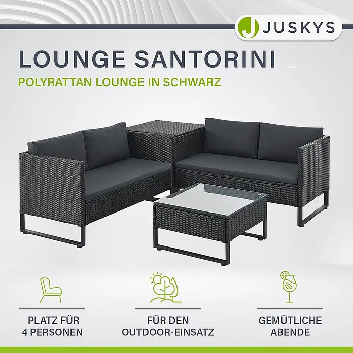 Juskys Loungemöbel-Set Santorini - 4 -tlg., Möbel: Stahl (pulverbeschichtet), Polyrattan, gehärtetes Glas; Polster/Kissen: 100 % Polyestergewebe, Farbe Möbel: SchwarzFarbe Polster/Kissen: GrauMax. Belastbarkeit je Bank: 320 kg, Schwarz - Dunkelgraue Polyrattan Loungegarnitur mit zwei Sofas, Eckelement und Glastisch für den Außenbereich.