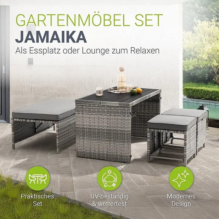Juskys Loungemöbel-Set Jamaika - 4 -tlg., Geflecht / Gestell: Polyrattan / Stahl; Bezug: 180 g/m² Polyester; Tischplatte: Polywood, Farbe Gartenlounge: Grau (Grau-meliert)Farbe Kissen: Grau (Hellgrau)Anzahl Sitzplätze: 2 bis 4Bezüge waschbar: JaBelastbarkeit Bank: 250 kgBelastbarkeit pro Hocker: 120 kg, Grau - Graues Polyrattan-Gartenmöbel-Set mit Tisch und zwei Bänken/Hockern mit Polstern, ideal als Essplatz oder Lounge auf der Terrasse.