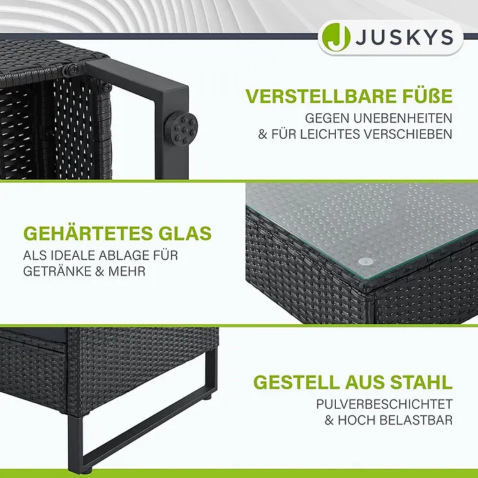 Juskys Loungemöbel-Set Santorini - 4 -tlg., Möbel: Stahl (pulverbeschichtet), Polyrattan, gehärtetes Glas; Polster/Kissen: 100 % Polyestergewebe, Farbe Möbel: SchwarzFarbe Polster/Kissen: GrauMax. Belastbarkeit je Bank: 320 kg, Schwarz - Dunkelgraues Outdoor-Möbel in Rattan-Optik mit schwarzem pulverbeschichtetem Stahlrahmen, verstellbaren Füßen und gehärteter Glasplatte.