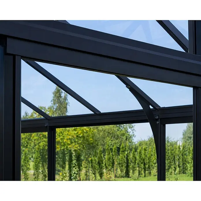 Bloomcabin Gewächshaus Aluminium Klassik mit Accoya-Fusion und kleinem integrierten Stauraum - Außenmaß inkl. Dachüberstand (B x T): 235 x 459 cm, Material Seitenwand: Glas, 4 mm, Schwarz - Schwarze Metallrahmen-Glas-Wintergartenstruktur mit Blick auf den Garten.