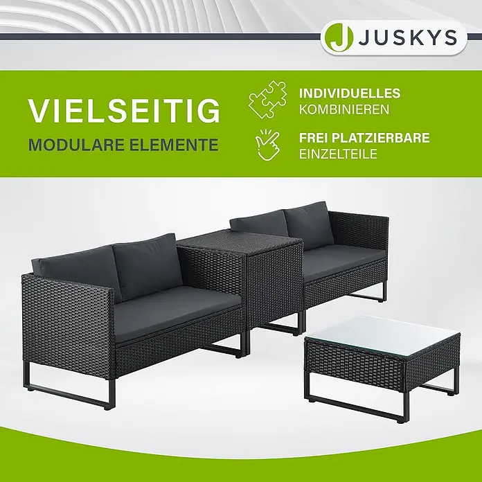Juskys Loungemöbel-Set Santorini - 4 -tlg., Möbel: Stahl (pulverbeschichtet), Polyrattan, gehärtetes Glas; Polster/Kissen: 100 % Polyestergewebe, Farbe Möbel: SchwarzFarbe Polster/Kissen: GrauMax. Belastbarkeit je Bank: 320 kg, Schwarz - Modulares dunkelgraues Polyrattan-Gartenlounge-Set mit zwei Sofaelementen und Glastisch.