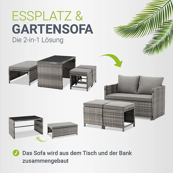 Juskys Loungemöbel-Set Jamaika - 4 -tlg., Geflecht / Gestell: Polyrattan / Stahl; Bezug: 180 g/m² Polyester; Tischplatte: Polywood, Farbe Gartenlounge: Grau (Grau-meliert)Farbe Kissen: Grau (Hellgrau)Anzahl Sitzplätze: 2 bis 4Bezüge waschbar: JaBelastbarkeit Bank: 250 kgBelastbarkeit pro Hocker: 120 kg, Grau - Graues 2-in-1 Rattan-Gartenmöbel-Set: Esstisch mit Bänken und Sofa mit Hockern.