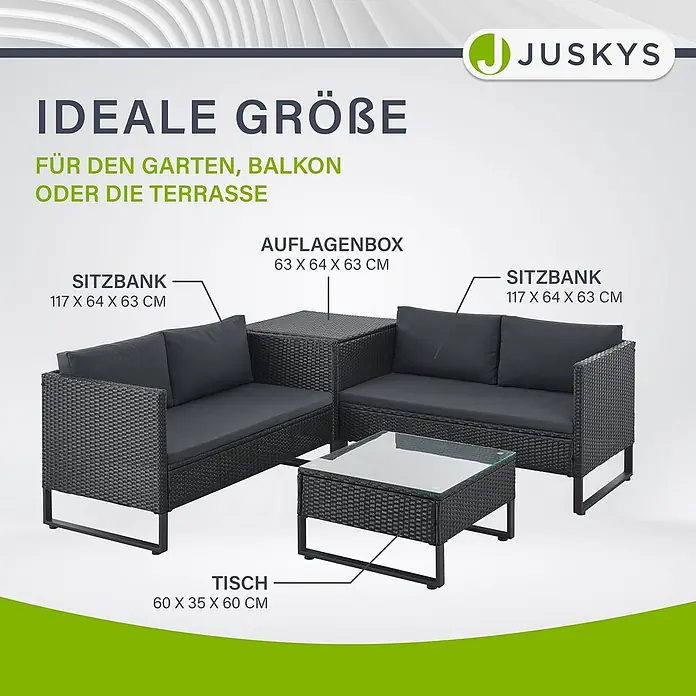 Juskys Loungemöbel-Set Santorini - 4 -tlg., Möbel: Stahl (pulverbeschichtet), Polyrattan, gehärtetes Glas; Polster/Kissen: 100 % Polyestergewebe, Farbe Möbel: SchwarzFarbe Polster/Kissen: GrauMax. Belastbarkeit je Bank: 320 kg, Schwarz - Dunkelgraue Rattan-Gartenmöbelgruppe mit zwei Sofas, einer Auflagenbox und einem Glastisch mit Kissen.