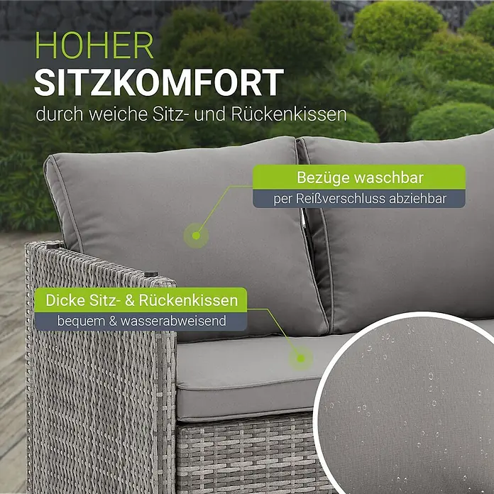 Juskys Loungemöbel-Set Jamaika - 4 -tlg., Geflecht / Gestell: Polyrattan / Stahl; Bezug: 180 g/m² Polyester; Tischplatte: Polywood, Farbe Gartenlounge: Grau (Grau-meliert)Farbe Kissen: Grau (Hellgrau)Anzahl Sitzplätze: 2 bis 4Bezüge waschbar: JaBelastbarkeit Bank: 250 kgBelastbarkeit pro Hocker: 120 kg, Grau - Graues Outdoor-Sofa mit dicken, weichen, wasserabweisenden Kissen. Bezüge sind waschbar und abnehmbar per Reißverschluss für hohen Komfort.