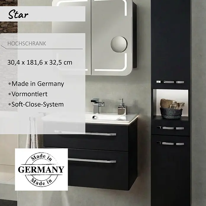 Camargue Star Hochschrank - 30,4 x 32,5 x 181,6 cm, Schwarz, DIN Anschlag: Links - Schwarzer Hochschrank für Badezimmer mit Chromgriffen, beleuchtetem Fach und Soft-Close-System. Vormontiert.