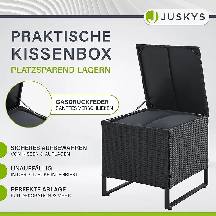 Juskys Loungemöbel-Set Santorini - 4 -tlg., Möbel: Stahl (pulverbeschichtet), Polyrattan, gehärtetes Glas; Polster/Kissen: 100 % Polyestergewebe, Farbe Möbel: SchwarzFarbe Polster/Kissen: GrauMax. Belastbarkeit je Bank: 320 kg, Schwarz - Schwarze Kissenbox in Geflecht-Optik mit offenem, sanft schließendem Deckel.
