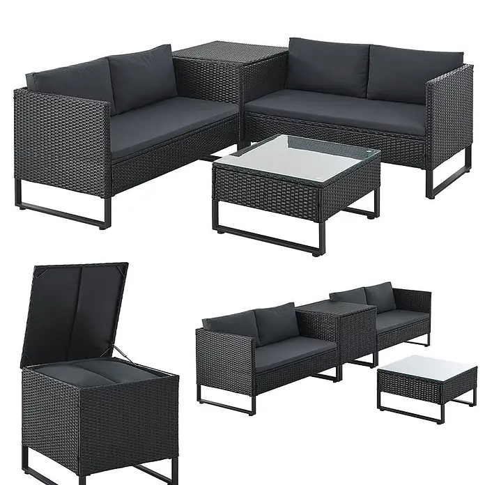Juskys Loungemöbel-Set Santorini - 4 -tlg., Möbel: Stahl (pulverbeschichtet), Polyrattan, gehärtetes Glas; Polster/Kissen: 100 % Polyestergewebe, Farbe Möbel: SchwarzFarbe Polster/Kissen: GrauMax. Belastbarkeit je Bank: 320 kg, Schwarz - Schwarze Rattan-Gartensitzgruppe mit dunkelgrauen Kissen, einer Aufbewahrungsbox und einem Couchtisch mit Glasplatte.