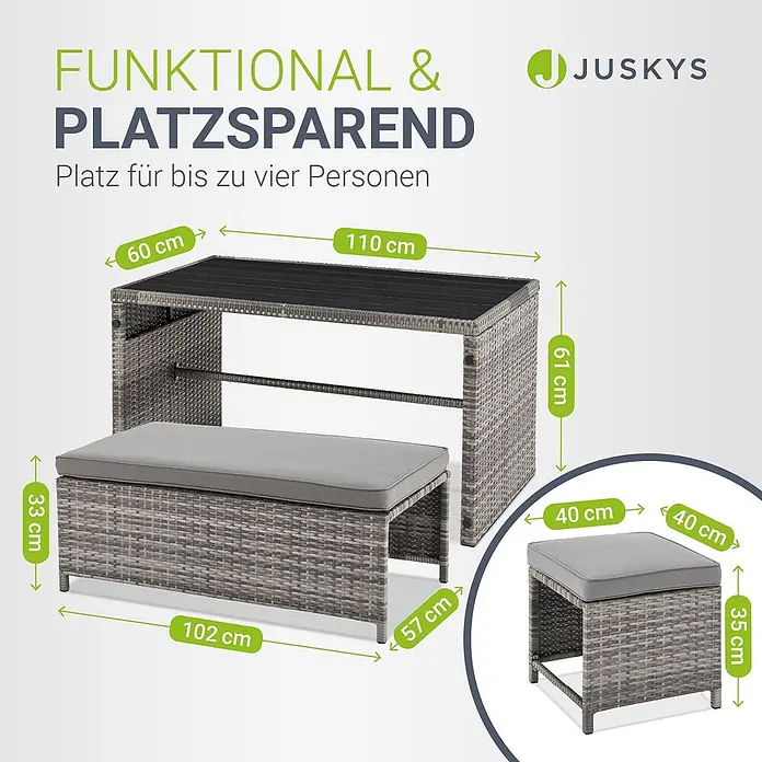 Juskys Loungemöbel-Set Jamaika - 4 -tlg., Geflecht / Gestell: Polyrattan / Stahl; Bezug: 180 g/m² Polyester; Tischplatte: Polywood, Farbe Gartenlounge: Grau (Grau-meliert)Farbe Kissen: Grau (Hellgrau)Anzahl Sitzplätze: 2 bis 4Bezüge waschbar: JaBelastbarkeit Bank: 250 kgBelastbarkeit pro Hocker: 120 kg, Grau - Graues Rattan-Garten-Essset mit Tisch, Bank und Hocker, funktional und platzsparend für bis zu vier Personen.