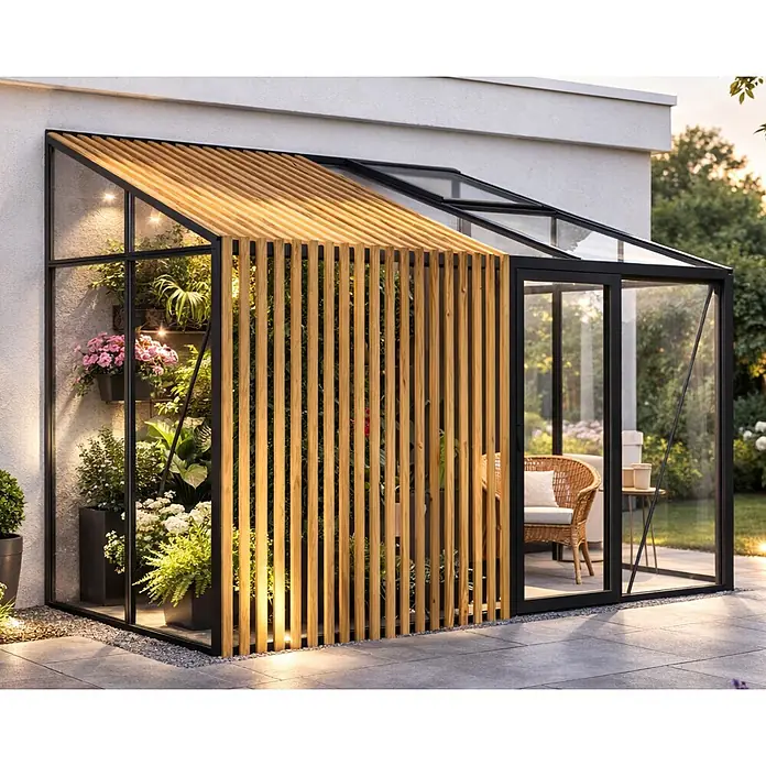 Bloomcabin Gewächshaus Aluminium Wandgewächshaus mit Accoya-Fusion - Außenmaß inkl. Dachüberstand (B x T): 309 x 160 cm, Höhe: 251 cm, Material Seitenwand: Glas, 4 mm, Schwarz - Modernes Gewächshaus mit schwarzem Rahmen, Glas und Holzlamellen, für Pflanzen und Sitzbereich.