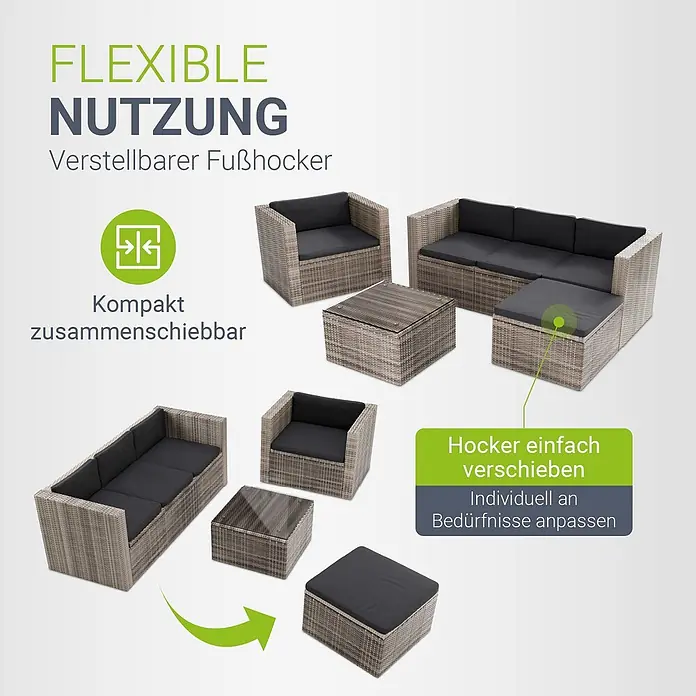 Juskys Loungemöbel-Set Punta Cana - 4 -tlg., Gestell: Stahl, pulverbeschichtet; Geflecht: Polyrattan; Sitz- und Rückenkissen: Polyester, Schaumstoff; Glasplatte: Sicherheitsglas, Farbe Geflecht: Grau-BeigeFarbe der Bezüge: GrauAnzahl Sitzplätze: 4 - 5, Grau - Modulare graue Rattan-Gartenlounge mit schwarzen Kissen, flexibel konfigurierbar.
