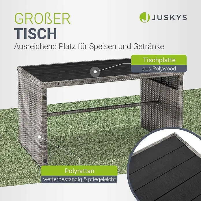 Juskys Loungemöbel-Set Jamaika - 4 -tlg., Geflecht / Gestell: Polyrattan / Stahl; Bezug: 180 g/m² Polyester; Tischplatte: Polywood, Farbe Gartenlounge: Grau (Grau-meliert)Farbe Kissen: Grau (Hellgrau)Anzahl Sitzplätze: 2 bis 4Bezüge waschbar: JaBelastbarkeit Bank: 250 kgBelastbarkeit pro Hocker: 120 kg, Grau - Grauer Polyrattan-Gartentisch mit dunkler Polywood-Tischplatte, bietet viel Platz.