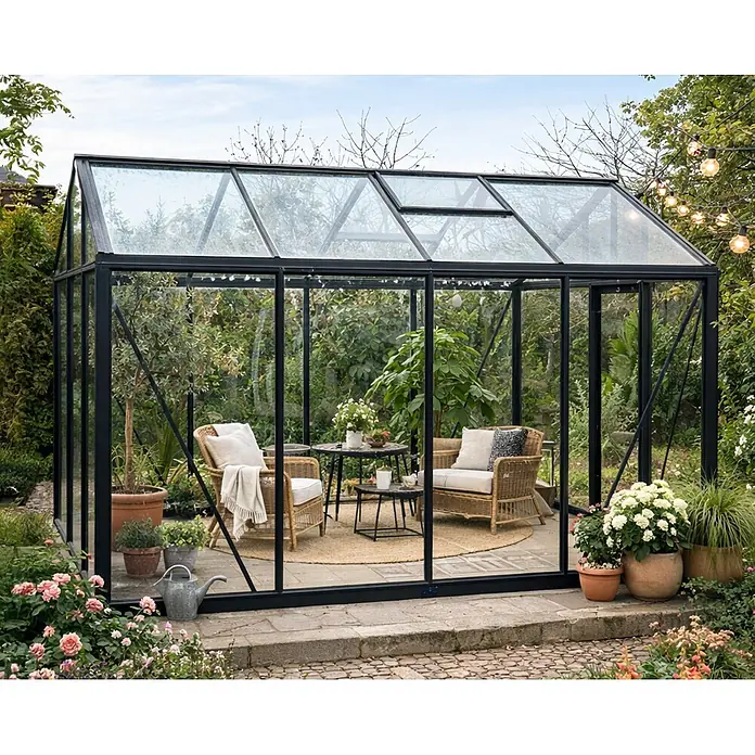 Bloomcabin Gewächshaus Aluminium Klassik - Außenmaß inkl. Dachüberstand (B x T): 235 x 309 cm, Material Seitenwand: Glas, 4 mm, Schwarz - Schwarz gerahmtes Glasgewächshaus, eingerichtet als gemütlicher Gartenraum mit Rattanmöbeln.