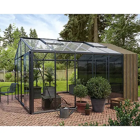 Bloomcabin  Gewächshaus Aluminium Klassik mit Accoya-Fusion und kleinem integrierten Stauraum
