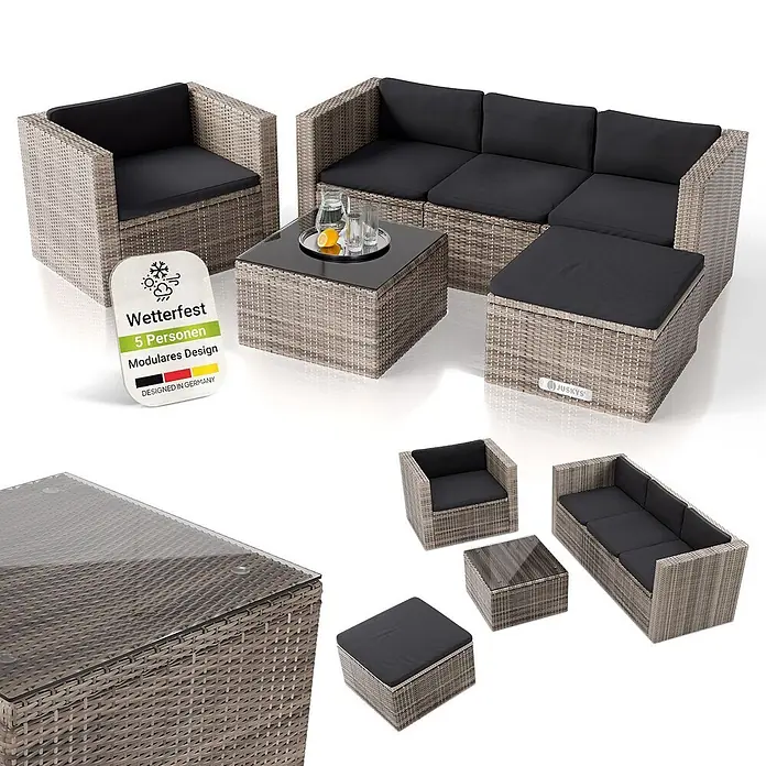 Juskys Loungemöbel-Set Punta Cana - 4 -tlg., Gestell: Stahl, pulverbeschichtet; Geflecht: Polyrattan; Sitz- und Rückenkissen: Polyester, Schaumstoff; Glasplatte: Sicherheitsglas, Farbe Geflecht: Grau-BeigeFarbe der Bezüge: GrauAnzahl Sitzplätze: 4 - 5, Grau - Modulares graues Rattan-Gartenlounge-Set für 5 Personen mit schwarzen Polstern, Couchtisch und Hocker, wetterfest.