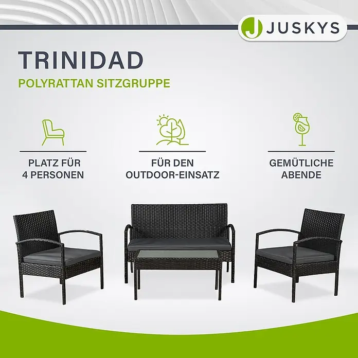 Juskys Loungemöbel-Set Trinidad - 4 -tlg., Geflecht: Polyrattan, geflochten; Gestell: Stahl, pulverbeschichtet; Auflagen: 100 % Schaumstoff; Sitzbezüge: 100 % Polyester; Glasplatte: Sicherheitsglas, Farbe Gartengarnitur: SchwarzFarbe Bezug: DunkelgrauAnzahl Sitzplätze: Für 4 Personen, Schwarz - Dunkelgraue Polyrattan-Sitzgruppe 'Trinidad' von Juskys für den Außenbereich, bestehend aus zwei Sesseln, einem Sofa und einem Couchtisch mit Kissen.