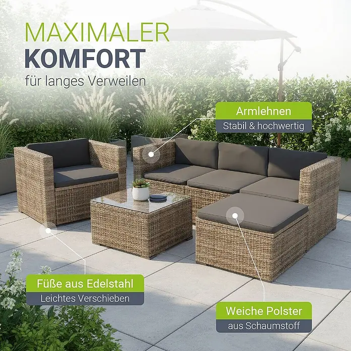 Juskys Loungemöbel-Set Punta Cana - 4 -tlg., Gestell: Stahl, pulverbeschichtet; Geflecht: Polyrattan; Sitz- und Rückenkissen: Polyester, Schaumstoff; Glasplatte: Sicherheitsglas, Farbe Geflecht: Grau-BeigeFarbe der Bezüge: GrauAnzahl Sitzplätze: 4 - 5, Grau - Braune Rattan-Outdoor-Loungegarnitur mit dunkelgrauen Kissen, bestehend aus Sofa, Sessel, Couchtisch und Ottoman, für Komfort auf der Terrasse.