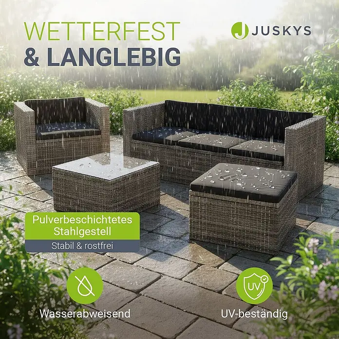Juskys Loungemöbel-Set Punta Cana - 4 -tlg., Gestell: Stahl, pulverbeschichtet; Geflecht: Polyrattan; Sitz- und Rückenkissen: Polyester, Schaumstoff; Glasplatte: Sicherheitsglas, Farbe Geflecht: Grau-BeigeFarbe der Bezüge: GrauAnzahl Sitzplätze: 4 - 5, Grau - Braun-graue Polyrattan-Gartenlounge mit dunklen Kissen im Regen, wetterfest und langlebig.