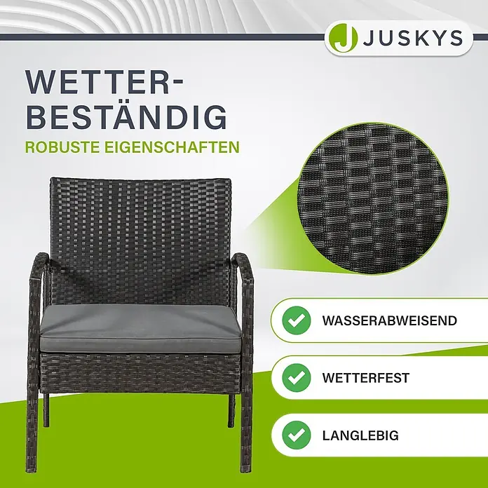 Juskys Loungemöbel-Set Trinidad - 4 -tlg., Geflecht: Polyrattan, geflochten; Gestell: Stahl, pulverbeschichtet; Auflagen: 100 % Schaumstoff; Sitzbezüge: 100 % Polyester; Glasplatte: Sicherheitsglas, Farbe Gartengarnitur: SchwarzFarbe Bezug: DunkelgrauAnzahl Sitzplätze: Für 4 Personen, Schwarz - Dunkelbrauner geflochtener Outdoor-Sessel mit grauem Kissen, wetterbeständig und langlebig.