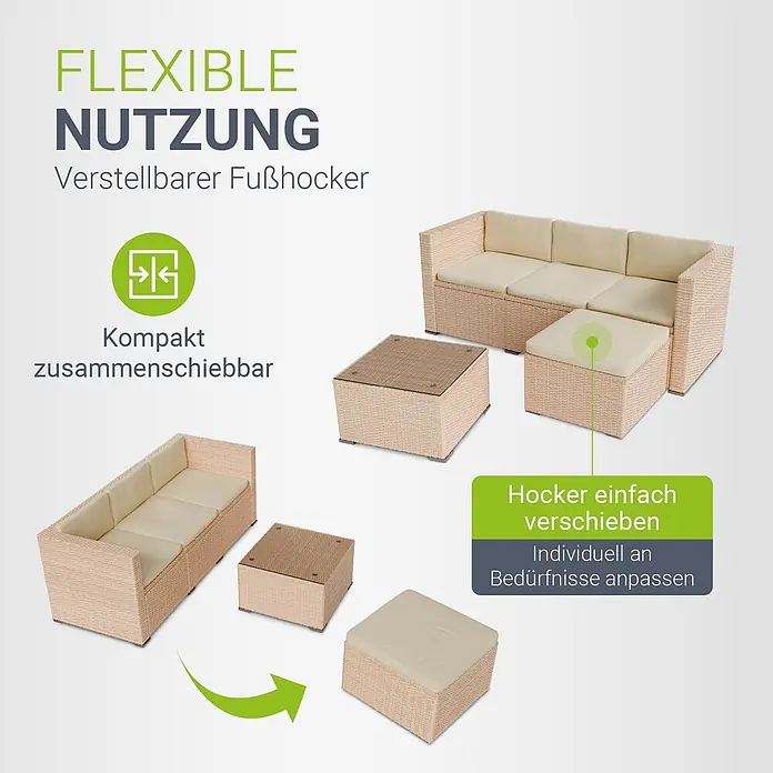 Juskys Loungemöbel-Set Punta Cana - 3 -tlg., Gestell: Stahl, pulverbeschichtet; Geflecht: Polyrattan; Sitz- und Rückenkissen: Polyester, Schaumstoff; Glasplatte: Sicherheitsglas, Creme - Beiges Rattan-Loungeset mit verschiebbarem Hocker für flexible Nutzung.
