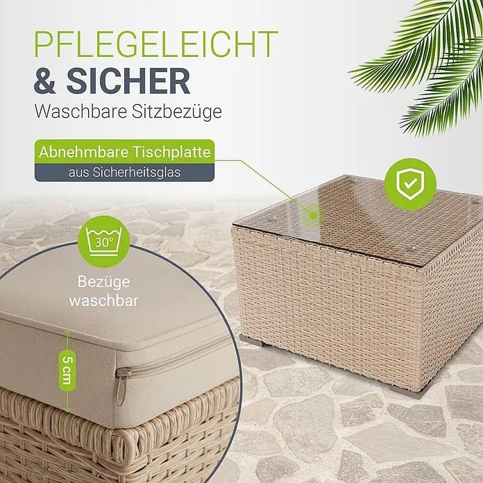 Juskys Loungemöbel-Set Punta Cana - 3 -tlg., Gestell: Stahl, pulverbeschichtet; Geflecht: Polyrattan; Sitz- und Rückenkissen: Polyester, Schaumstoff; Glasplatte: Sicherheitsglas, Creme - Beiger Rattan-Gartentisch mit abnehmbarer Sicherheitsglasplatte und waschbarem 5cm Sitzkissen.