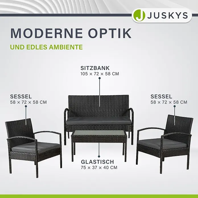 Juskys Loungemöbel-Set Trinidad - 4 -tlg., Geflecht: Polyrattan, geflochten; Gestell: Stahl, pulverbeschichtet; Auflagen: 100 % Schaumstoff; Sitzbezüge: 100 % Polyester; Glasplatte: Sicherheitsglas, Farbe Gartengarnitur: SchwarzFarbe Bezug: DunkelgrauAnzahl Sitzplätze: Für 4 Personen, Schwarz - Ein 4-teiliges dunkelbraunes Polyrattan Gartenmöbel-Set mit grauen Kissen, bestehend aus zwei Sesseln, einem Sofa und einem Glastisch.